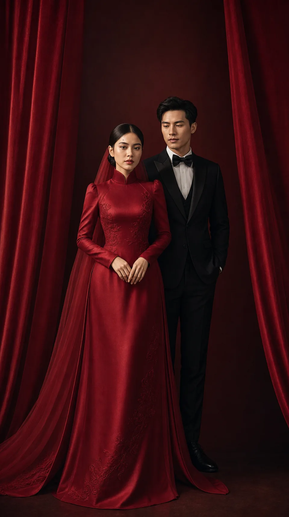 Thiệp cưới Lan Chi và Quang Huy phong cách ảnh cưới studio Trung Hoa đương đại — lụa đỏ, sơn mài đen và ánh sáng điện ảnh